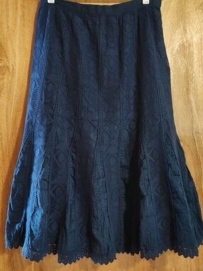 Coldwater Creek Eyelet Lace Midi Skirt Navy Blue Flared A-Line Cottagecore P6